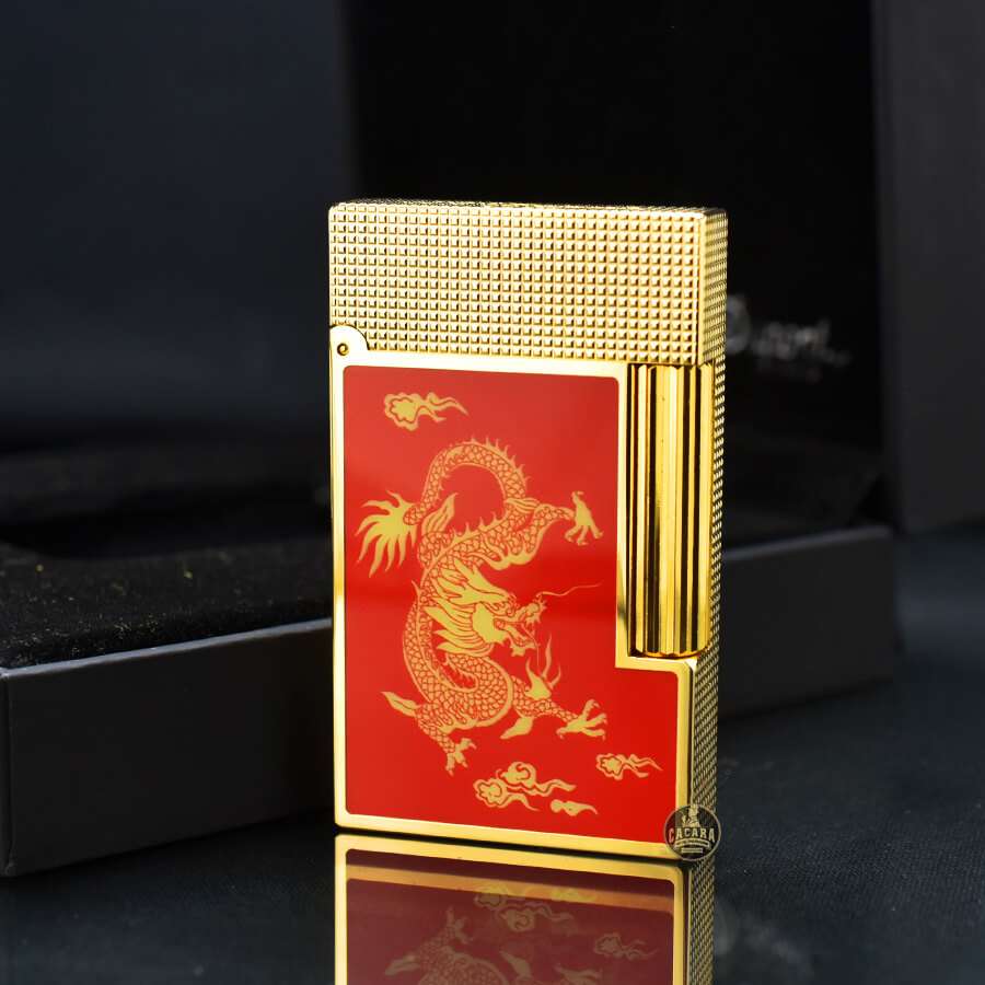 Dupont Hồng Kông 2 Lửa Sơn Mài Đỏ In Hình Rồng Vàng D2L07